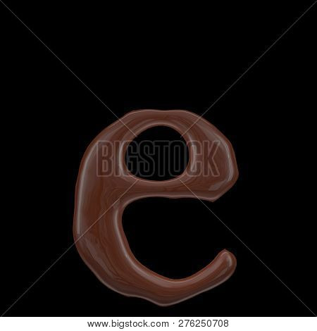 Letter e from chocolate droplets. Isolated on black background. 3d rendering.