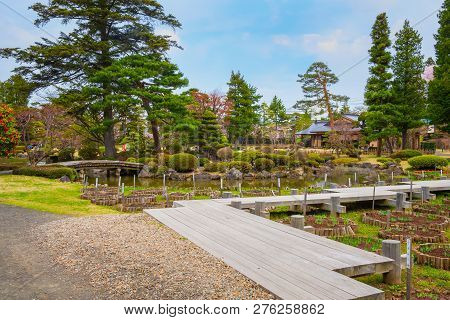 Hirosaki, Japan - April 23 2018: The Fujita Memorial Japanese Garden Built In 1919 In Japanese Tradi