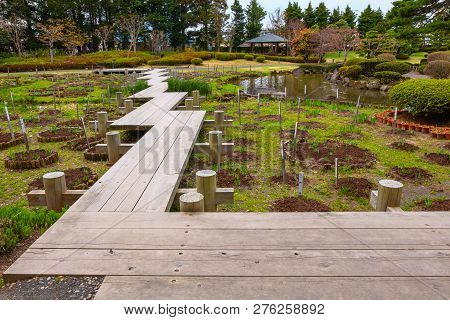 Hirosaki, Japan - April 23 2018: The Fujita Memorial Japanese Garden Built In 1919 In Japanese Tradi