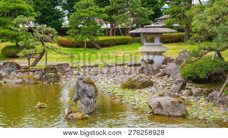 Hirosaki, Japan - April 23 2018: The Fujita Memorial Japanese Garden Built In 1919 In Japanese Tradi