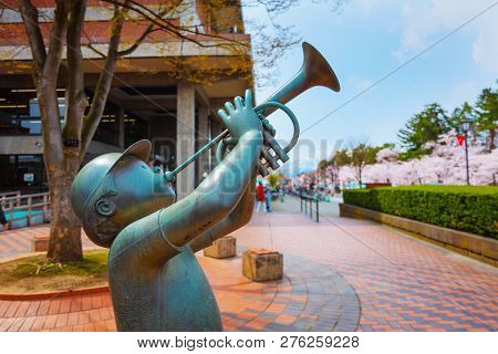 Hirosaki, Japan - April 23 2018: Hirosaki Municipal Hall Is One Of The Best Spot Viewing Cherry Blos