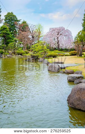 Hirosaki, Japan - April 23 2018: The Fujita Memorial Japanese Garden Built In 1919 In Japanese Tradi