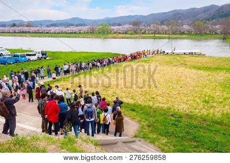 Iwate , Japan - April 22 2018: Unidentified People Wait For Ferry Boat Crossing The Kitakami River T