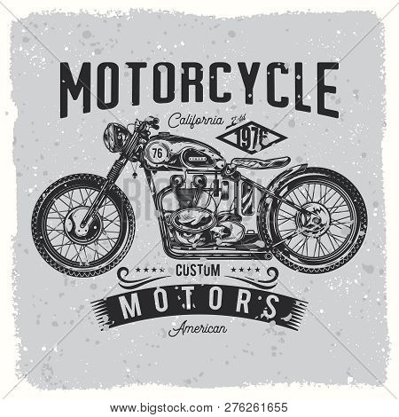 Original Monochrome Vector Illustration. Vintage Detailed Motorcycle.