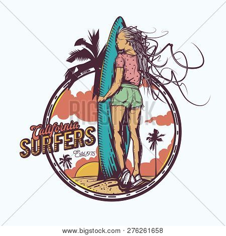 Original Vector Illustration In Vintage Style. A Girl With A Surfboard In Her Hands, Against The Sun