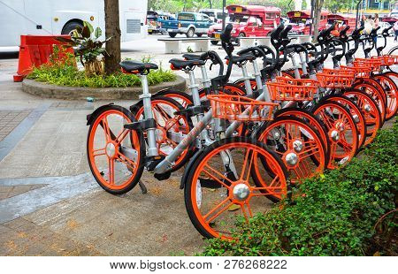 Chiang Mai, Thailand - January 13, 2018 : City Bike, A Row Of Mobike Parking On Footpath, Mobike Is 
