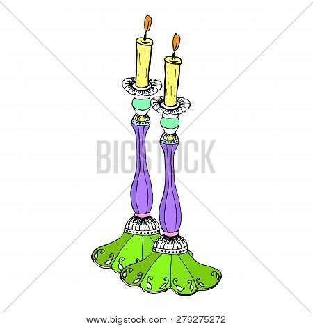 Two Candles On Shabbat. Hand Draw Doodle. Vector Illustration On Isolated Background
