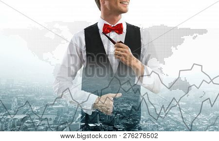 Double Exposure Of Confident And Young Businessman In Smart-casual Wear Smoking Pipe And Modern City