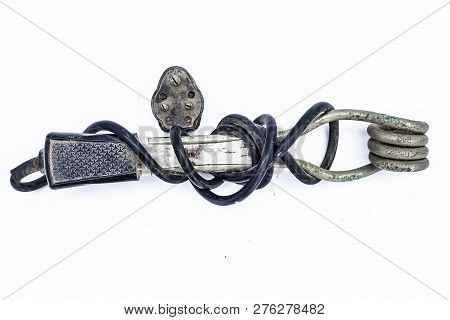 Close Up Of Black Handled Immersion Rod Or Immersion Water Heater Isolated On White.