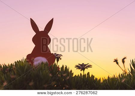Creative Easter Photo Of Silhouette  Paper Rabbit In The Chamomile Flowers And Green Grass On The Su
