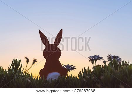 Creative Easter Photo Of Silhouette  Paper Rabbit In The Chamomile Flowers And Green Grass On The Su