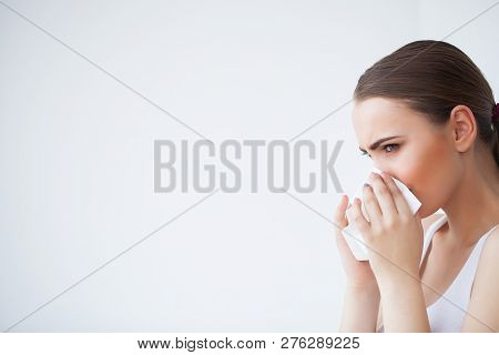 Sick Woman Using Paper Tissue, Headcold Problem