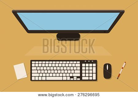 Top View Of Computer Screen With Keyboard On The Desk, Vector Illustration