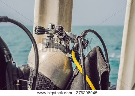Scuba Compressed Air Tank On Boat. Ready For Diving