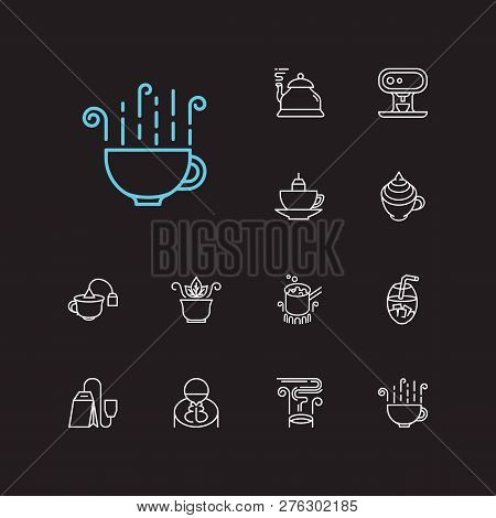 Cafe Icons Set. Coffee With Cream And Cafe Icons With Coffee Cup, Stovetop Espresso And Teabag. Set 