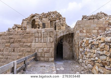 Al Jaya, Jordan, December 06, 2018 : Interior Courtyard In The Medieval Fortress Ash Shubak, Standin