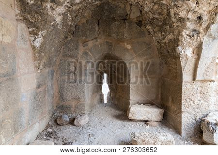 Al Jaya, Jordan, December 06, 2018 : The Platform With Loophole On The Corner Tower In The Medieval 