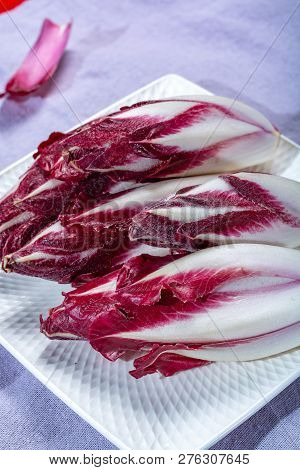 Group Of Fresh Red Radicchio Chicory Or Belgian Endive Vegetables, Also Known As Witlof Salade