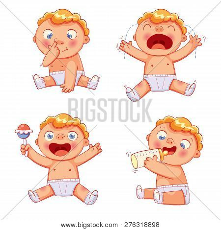 Cute Child Is Eating Milk From A Bottle. Kid Plays With A Rattle And Laughs. Baby Sobs. Little Boy P