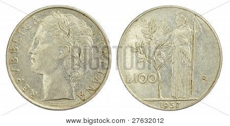Lire 100 เหรียญของอิตาลีของ 1957