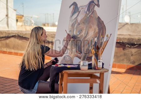 Young Woman Paint Artist Drawing At Home Roof