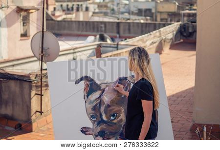 Young Woman Paint Artist Drawing At Home Roof