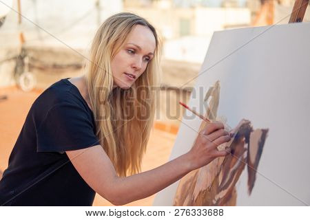Young Woman Paint Artist Drawing At Home Roof