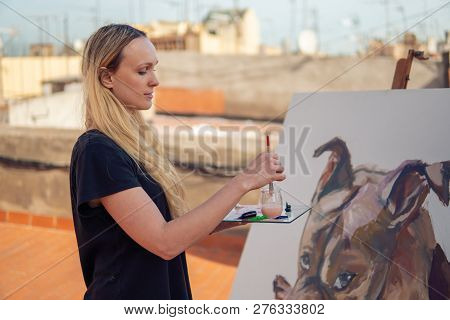 Young Woman Paint Artist Drawing At Home Roof
