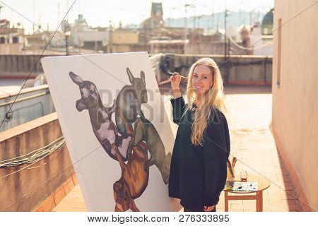 Young Woman Paint Artist Drawing At Home Roof