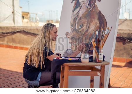 Young Woman Paint Artist Drawing At Home Roof