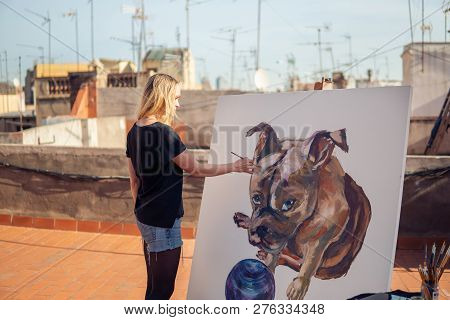 Young Woman Paint Artist Drawing At Home Roof