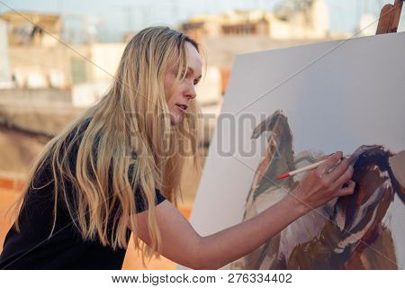 Young Woman Paint Artist Drawing At Home Roof