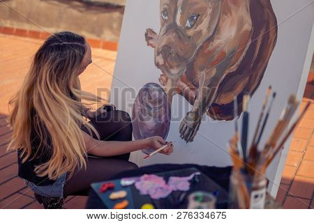 Young Woman Paint Artist Drawing At Home Roof