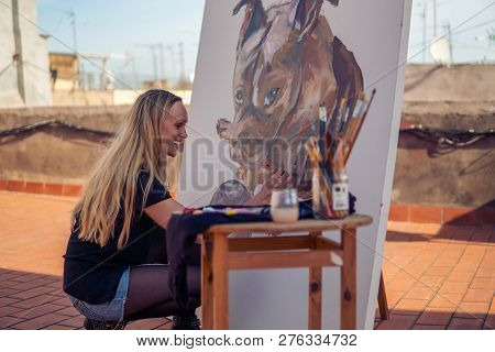 Young Woman Paint Artist Drawing At Home Roof