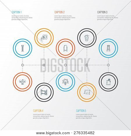 Decor Icons Line Style Set With Pillow, Lightblub, Double Decker Bed And Other Squeezer Elements. Is