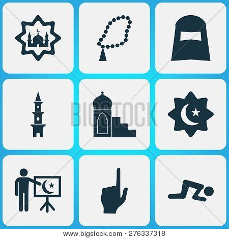 Religion Icons Set With Tower, Church, Hijab And Other Shawl Elements. Isolated Vector Illustration 