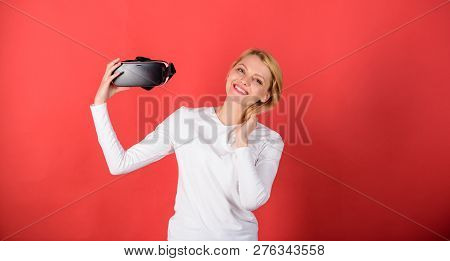 A Person In Virtual Glasses Flies In Room Space. Happy Woman Exploring Augmented World, Interacting 