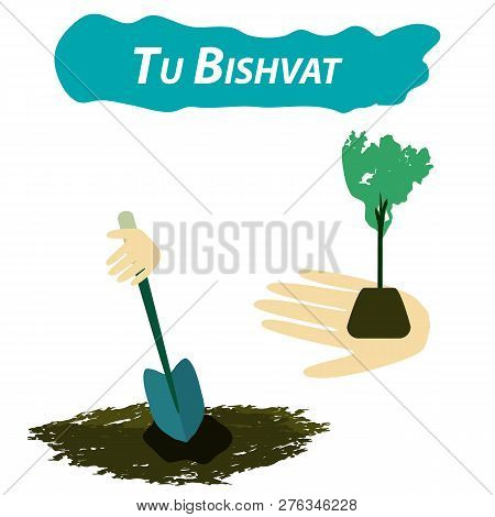 Tu Bishvat Jewish New Year Of Trees. Planting Trees On Tu Bishvat. Flat Style. Vector Illustration O