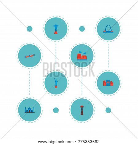 Set Of Monument Icons Flat Style Symbols With Taj Mahal, Shibuya, Canyon And Other Icons For Your We
