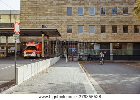 October 19, 2018 Germany. Clinic Helios Krefeld. Bicycle Ecological Mode Of Transport In Europe. Bic