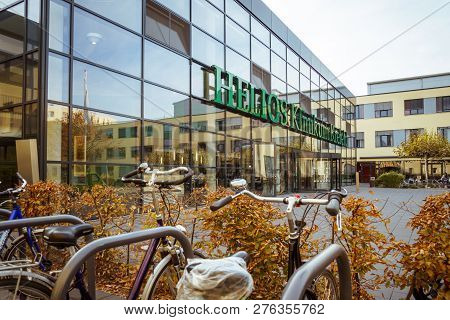 October 19, 2018 Germany. Clinic Helios Krefeld. Bicycle Ecological Mode Of Transport In Europe. Bic
