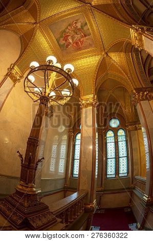 Budapest, Hungary - December 19, 2018: Interior Of The Parliament Of Budapest, The Seat Of The Hunga