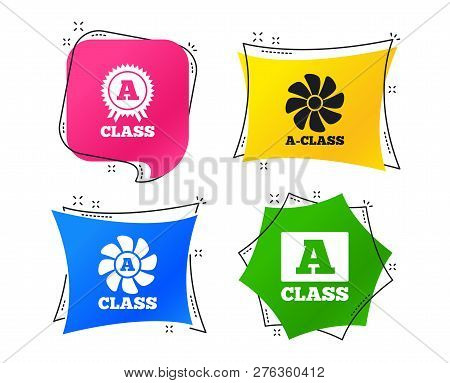 A-class Award Icon. A-class Ventilation Sign. Premium Level Symbols. Geometric Colorful Tags. Banner