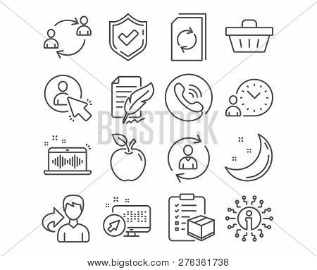 Set Of Feather Signature, Shopping Basket And Person Info Icons. User, User Communication And Time M
