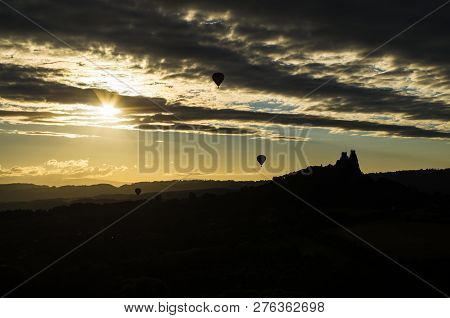 Hot Air Balloons Flying Around Ruin The Debris - Trosky (czech Paradise, Czech Republic)
