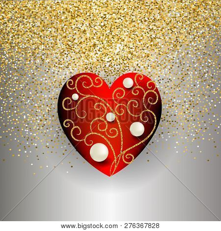 Ornamental 3d Vector Love Heart  Design. Gold Glittery Silver Or