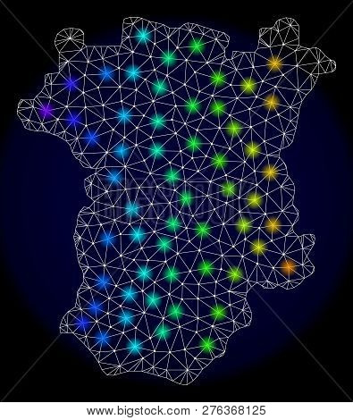 Mesh Vector Map Of Chechen Republic With Glare Effect. Light Spots Have Bright Spectrum Colors. Abst