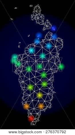 Mesh Vector Map Of Krasnoyarskiy Kray With Glare Effect. Light Spots Have Bright Spectrum Colors. Ab