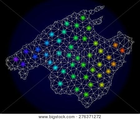 Mesh Vector Map Of Mallorca With Glare Effect. Light Spots Have Bright Spectrum Colors. Abstract Lin