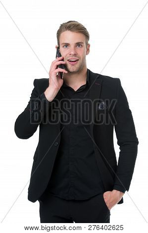 Businessman Smiling Use Smartphone For Call White Background. Business Call Concept. Man In Suit Bus